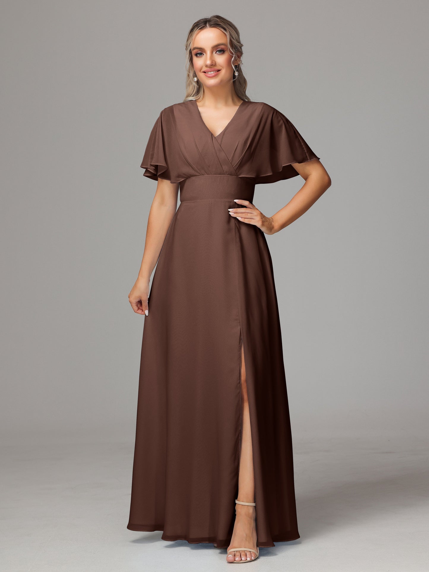 Short Sleeves V Neck Chiffon Bridesmaid Dress With Slit