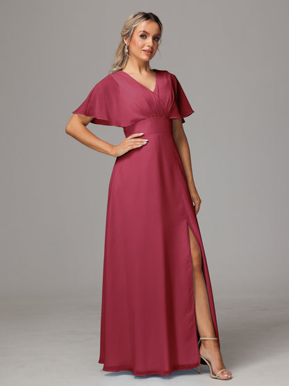 Short Sleeves V Neck Chiffon Bridesmaid Dress With Slit