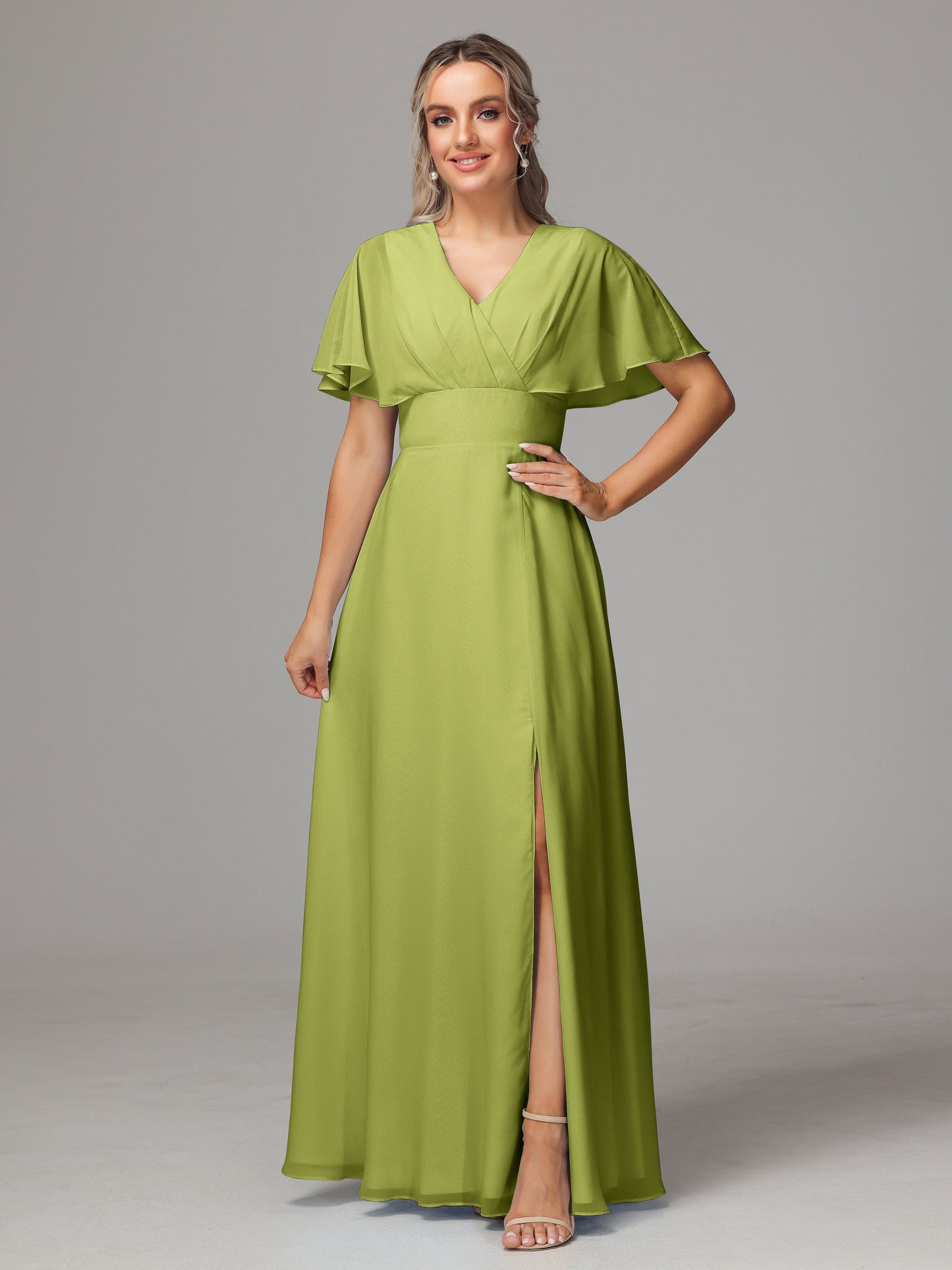 Short Sleeves V Neck Chiffon Bridesmaid Dress With Slit