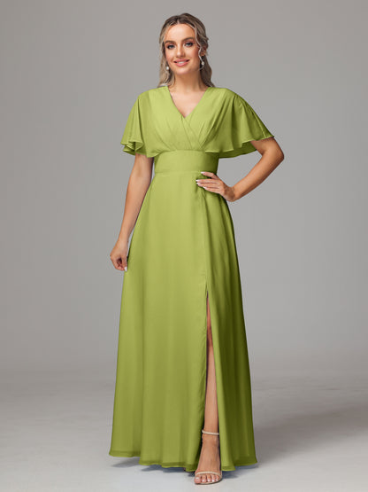 Short Sleeves V Neck Chiffon Bridesmaid Dress With Slit