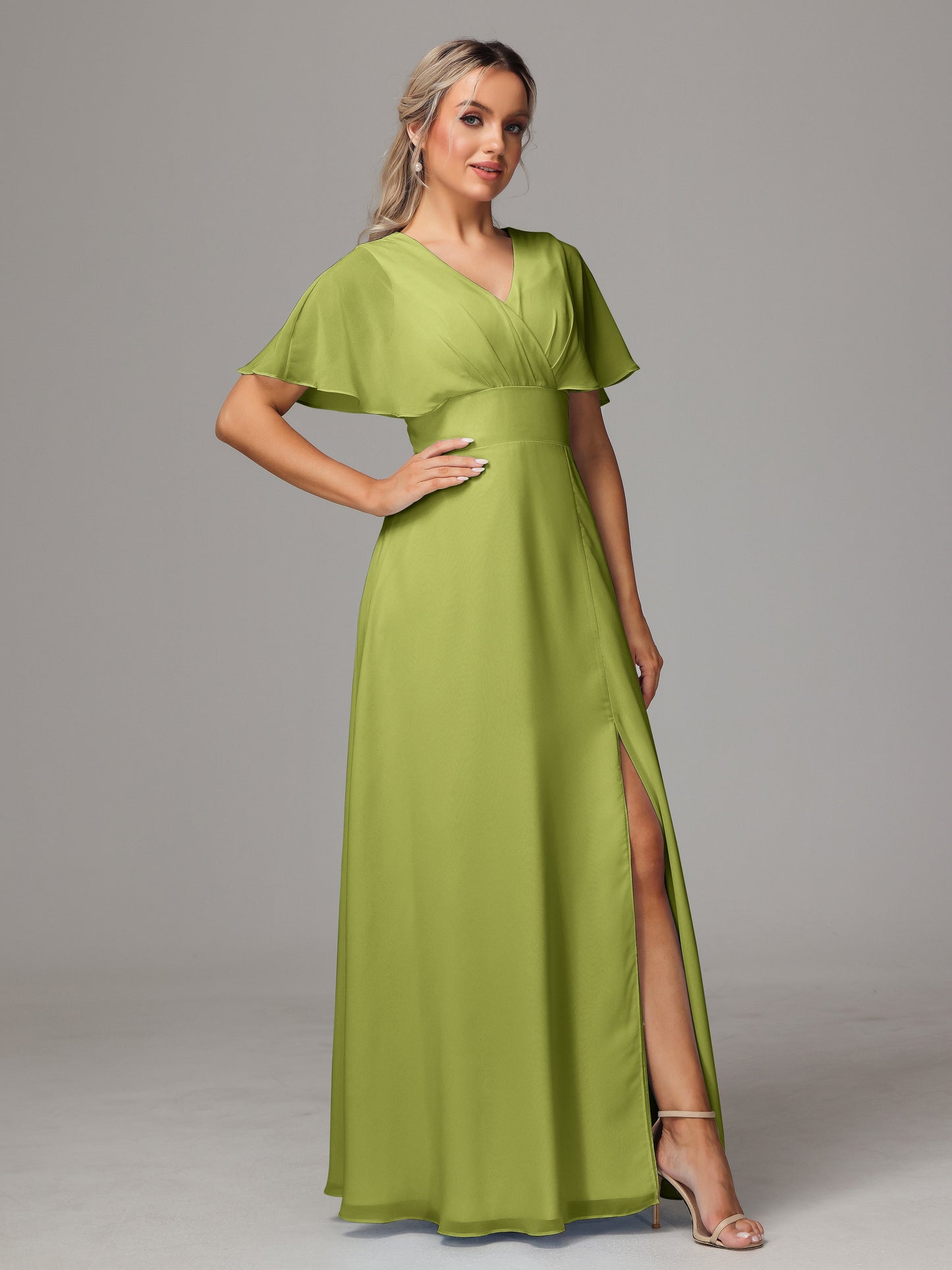 Short Sleeves V Neck Chiffon Bridesmaid Dress With Slit
