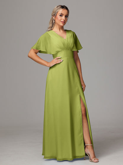 Short Sleeves V Neck Chiffon Bridesmaid Dress With Slit