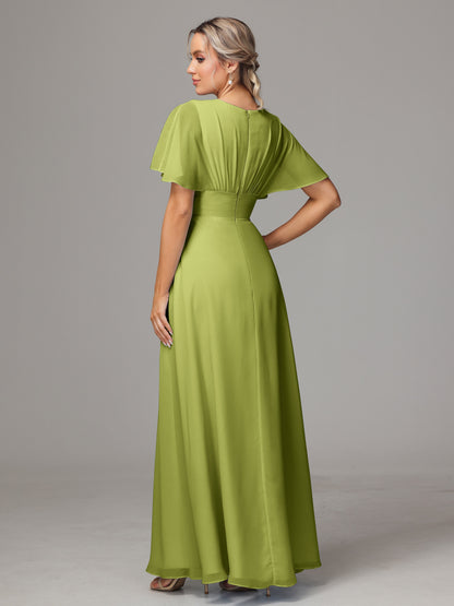 Short Sleeves V Neck Chiffon Bridesmaid Dress With Slit