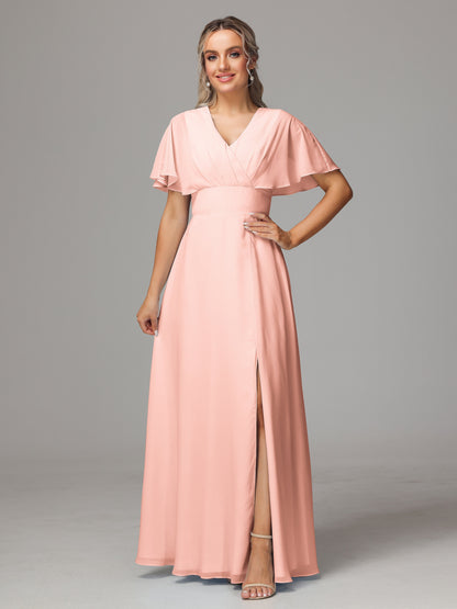 Short Sleeves V Neck Chiffon Bridesmaid Dress With Slit