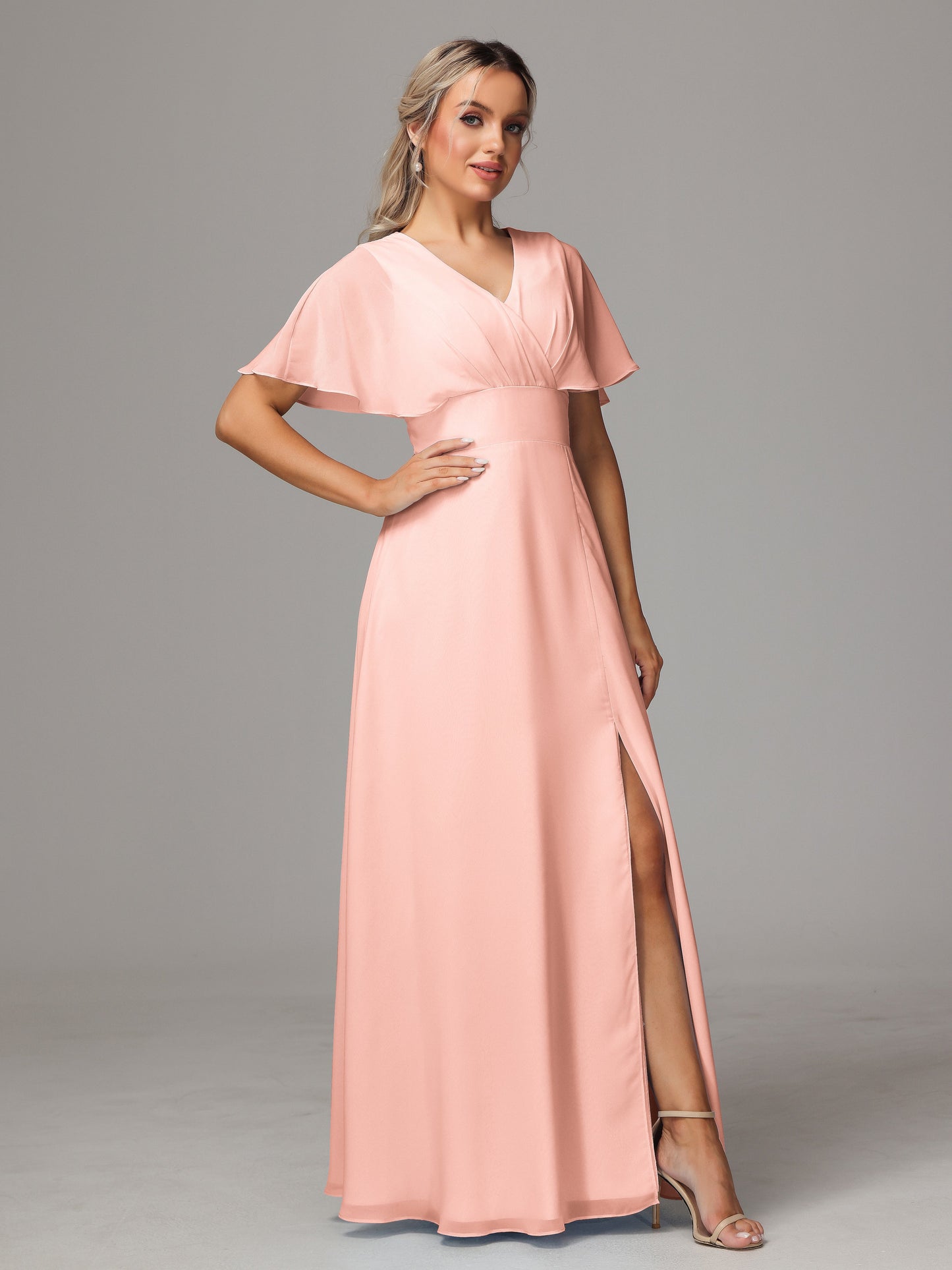 Short Sleeves V Neck Chiffon Bridesmaid Dress With Slit