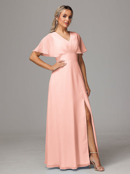 Short Sleeves V Neck Chiffon Bridesmaid Dress With Slit