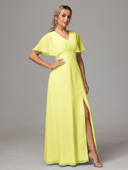 Short Sleeves V Neck Chiffon Bridesmaid Dress With Slit