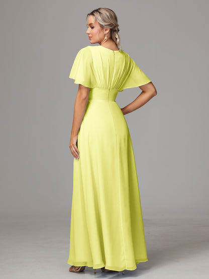 Short Sleeves V Neck Chiffon Bridesmaid Dress With Slit