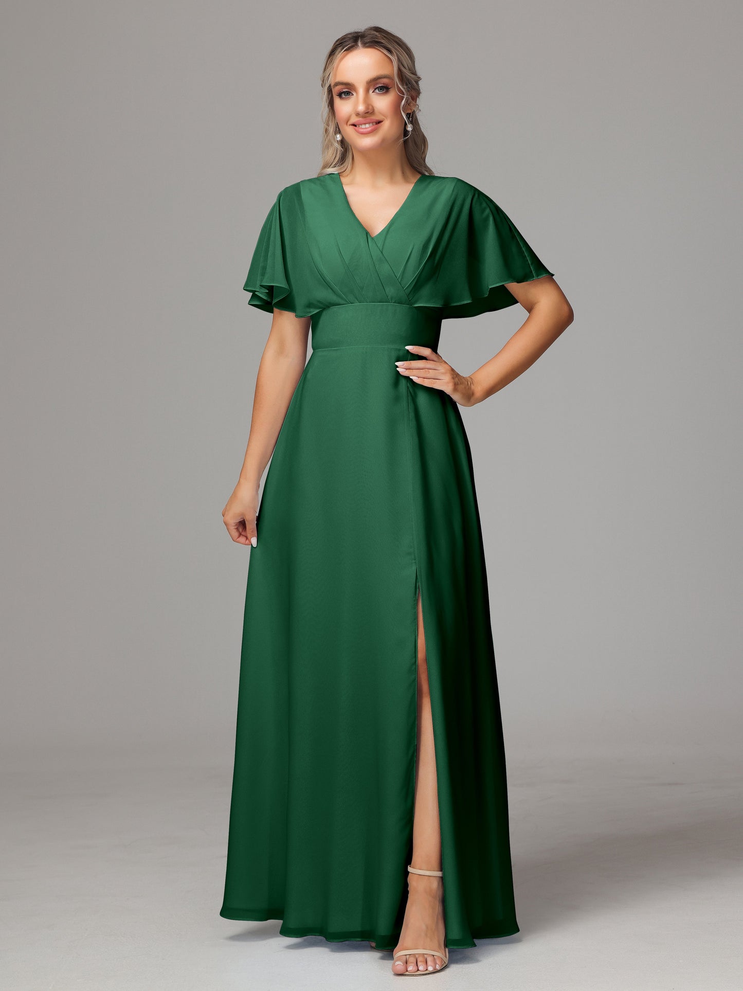 Short Sleeves V Neck Chiffon Bridesmaid Dress With Slit