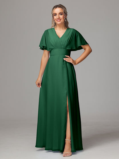 Short Sleeves V Neck Chiffon Bridesmaid Dress With Slit