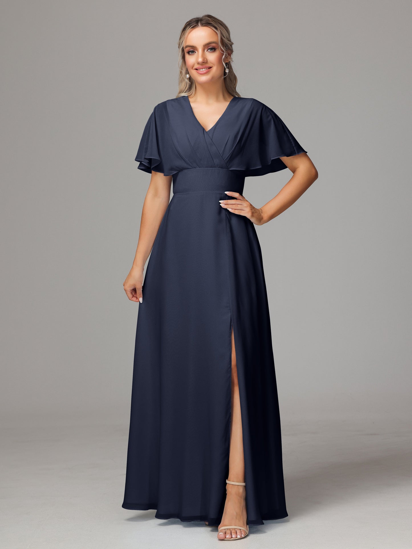 Short Sleeves V Neck Chiffon Bridesmaid Dress With Slit