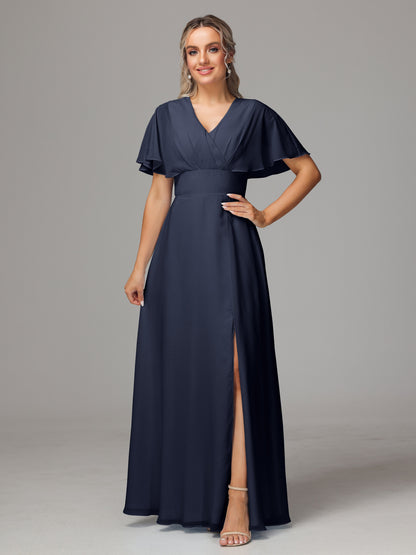 Short Sleeves V Neck Chiffon Bridesmaid Dress With Slit