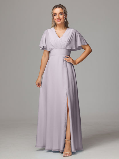 Short Sleeves V Neck Chiffon Bridesmaid Dress With Slit