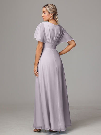 Short Sleeves V Neck Chiffon Bridesmaid Dress With Slit