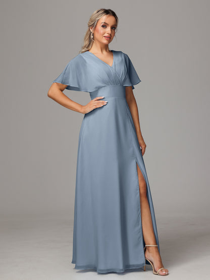 Short Sleeves V Neck Chiffon Bridesmaid Dress With Slit