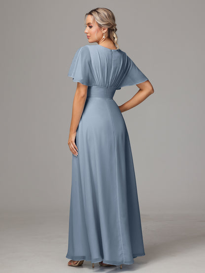 Short Sleeves V Neck Chiffon Bridesmaid Dress With Slit