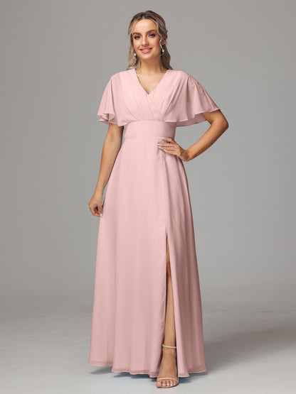Short Sleeves V Neck Chiffon Bridesmaid Dress With Slit