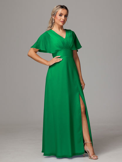 Short Sleeves V Neck Chiffon Bridesmaid Dress With Slit