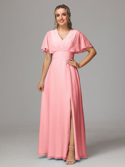 Short Sleeves V Neck Chiffon Bridesmaid Dress With Slit