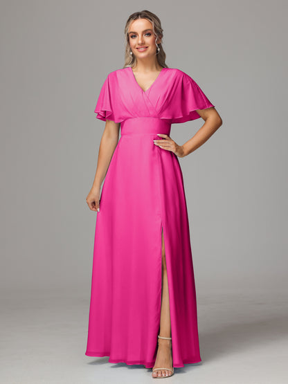 Short Sleeves V Neck Chiffon Bridesmaid Dress With Slit