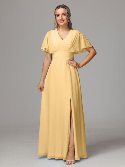 Short Sleeves V Neck Chiffon Bridesmaid Dress With Slit