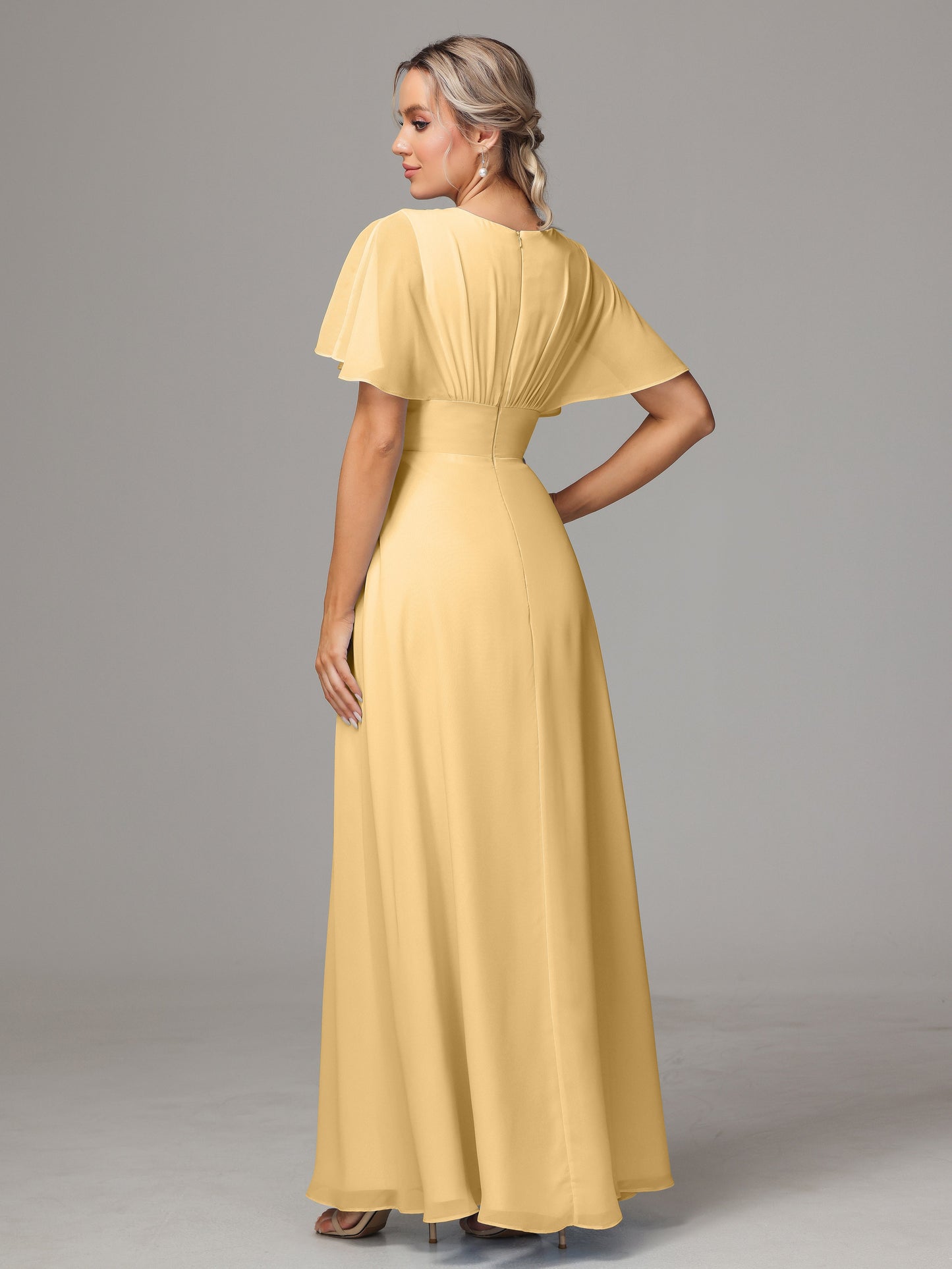 Short Sleeves V Neck Chiffon Bridesmaid Dress With Slit