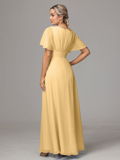 Short Sleeves V Neck Chiffon Bridesmaid Dress With Slit