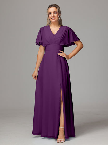 Short Sleeves V Neck Chiffon Bridesmaid Dress With Slit