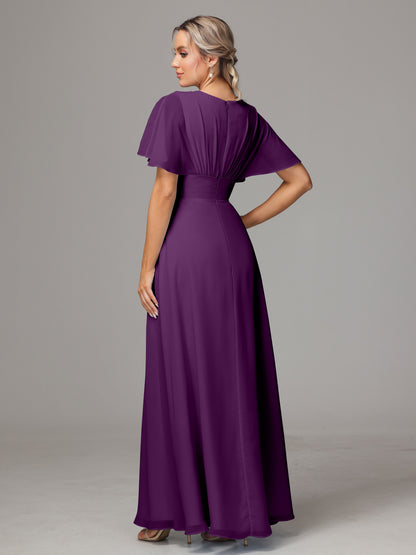 Short Sleeves V Neck Chiffon Bridesmaid Dress With Slit