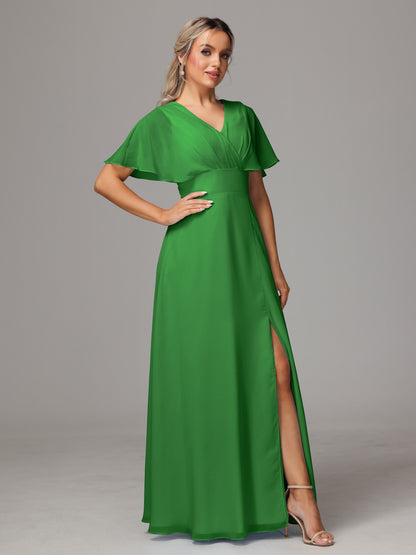 Short Sleeves V Neck Chiffon Bridesmaid Dress With Slit