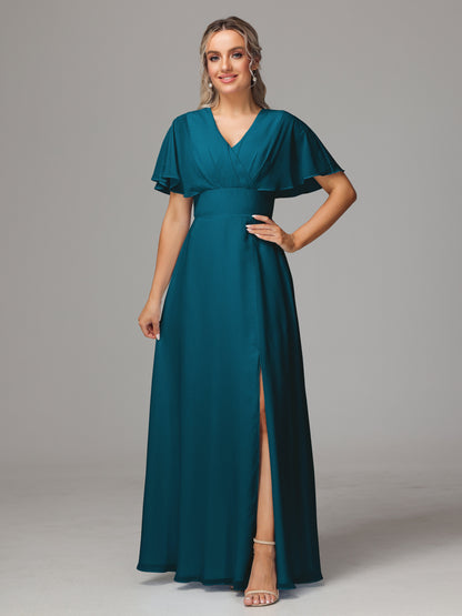 Short Sleeves V Neck Chiffon Bridesmaid Dress With Slit