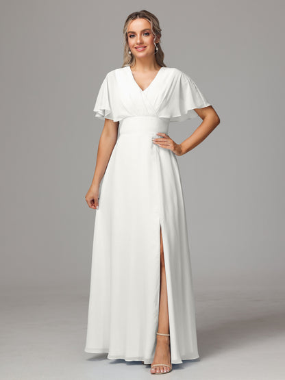 Short Sleeves V Neck Chiffon Bridesmaid Dress With Slit
