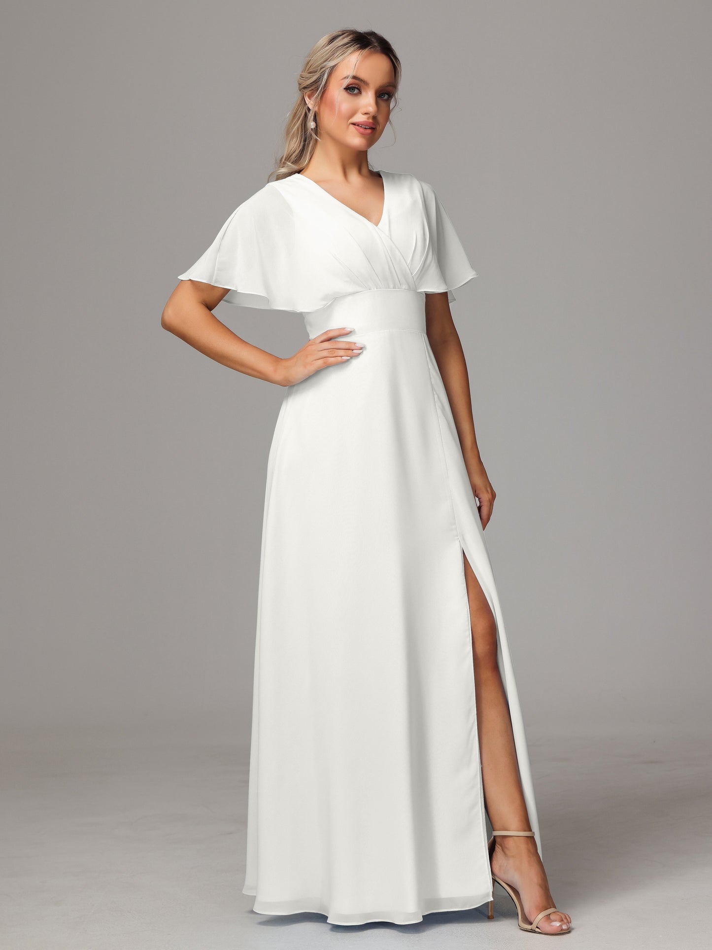 Short Sleeves V Neck Chiffon Bridesmaid Dress With Slit