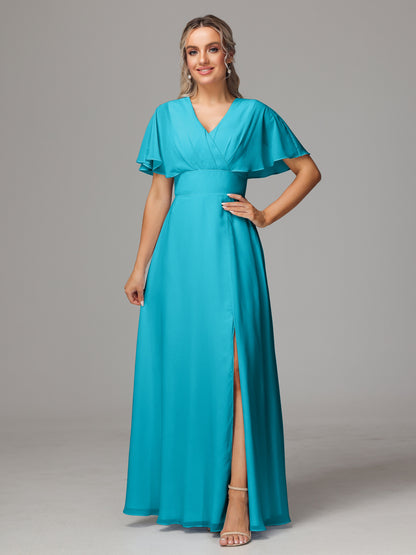 Short Sleeves V Neck Chiffon Bridesmaid Dress With Slit