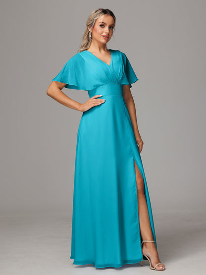 Short Sleeves V Neck Chiffon Bridesmaid Dress With Slit