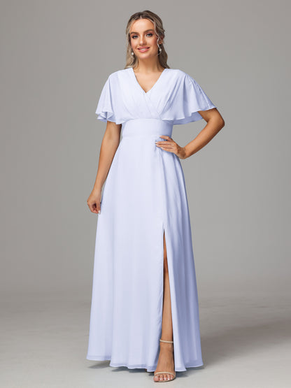 Short Sleeves V Neck Chiffon Bridesmaid Dress With Slit