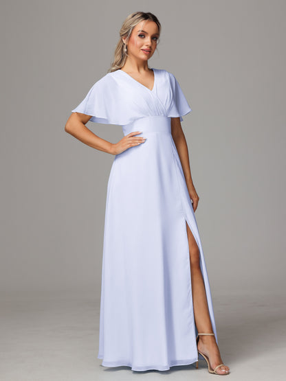 Short Sleeves V Neck Chiffon Bridesmaid Dress With Slit