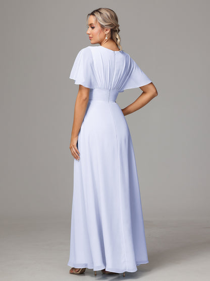 Short Sleeves V Neck Chiffon Bridesmaid Dress With Slit