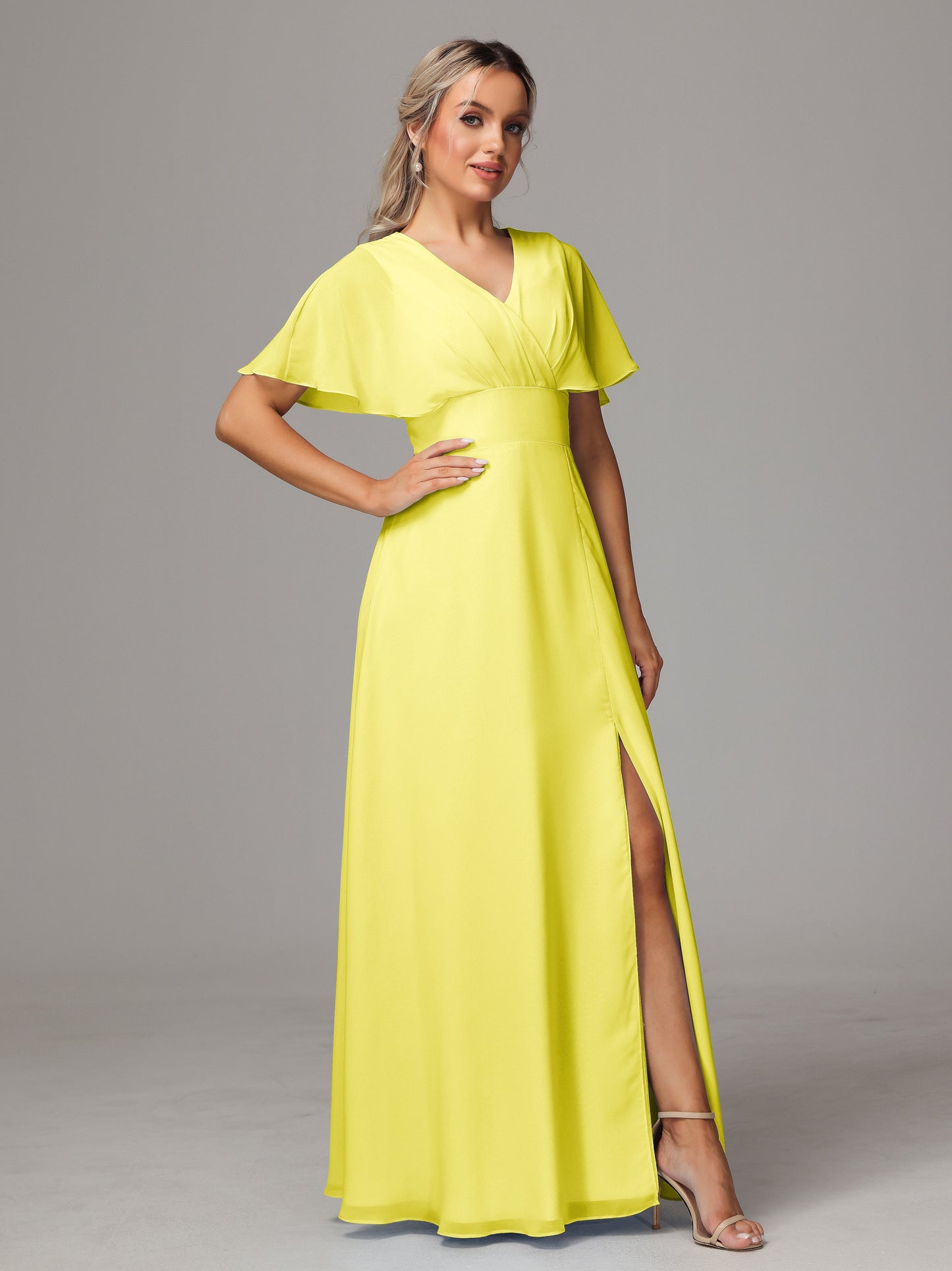 Short Sleeves V Neck Chiffon Bridesmaid Dress With Slit