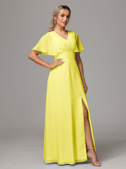 Short Sleeves V Neck Chiffon Bridesmaid Dress With Slit