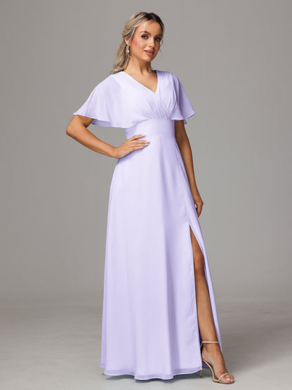 Short Sleeves V Neck Chiffon Bridesmaid Dress With Slit
