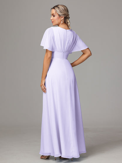 Short Sleeves V Neck Chiffon Bridesmaid Dress With Slit