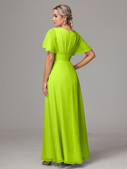 Short Sleeves V Neck Chiffon Bridesmaid Dress With Slit