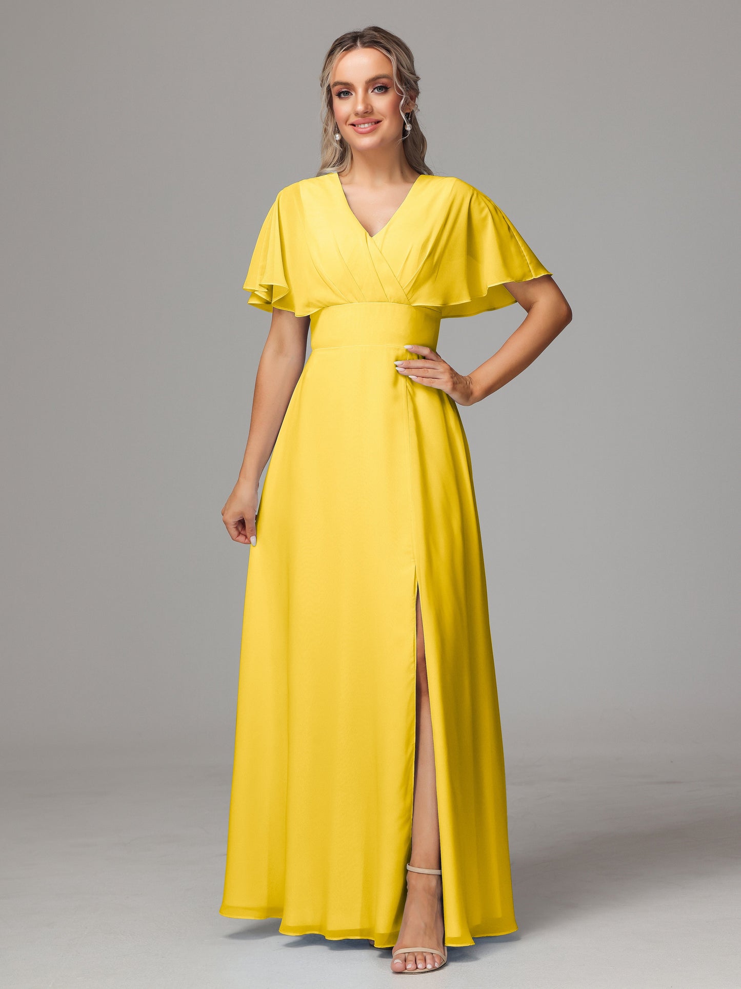 Short Sleeves V Neck Chiffon Bridesmaid Dress With Slit