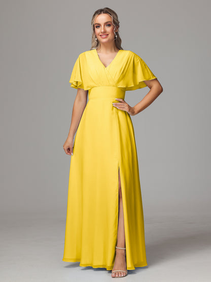 Short Sleeves V Neck Chiffon Bridesmaid Dress With Slit