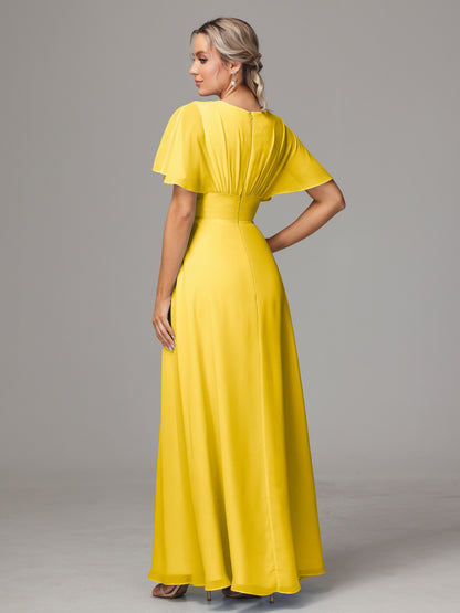 Short Sleeves V Neck Chiffon Bridesmaid Dress With Slit