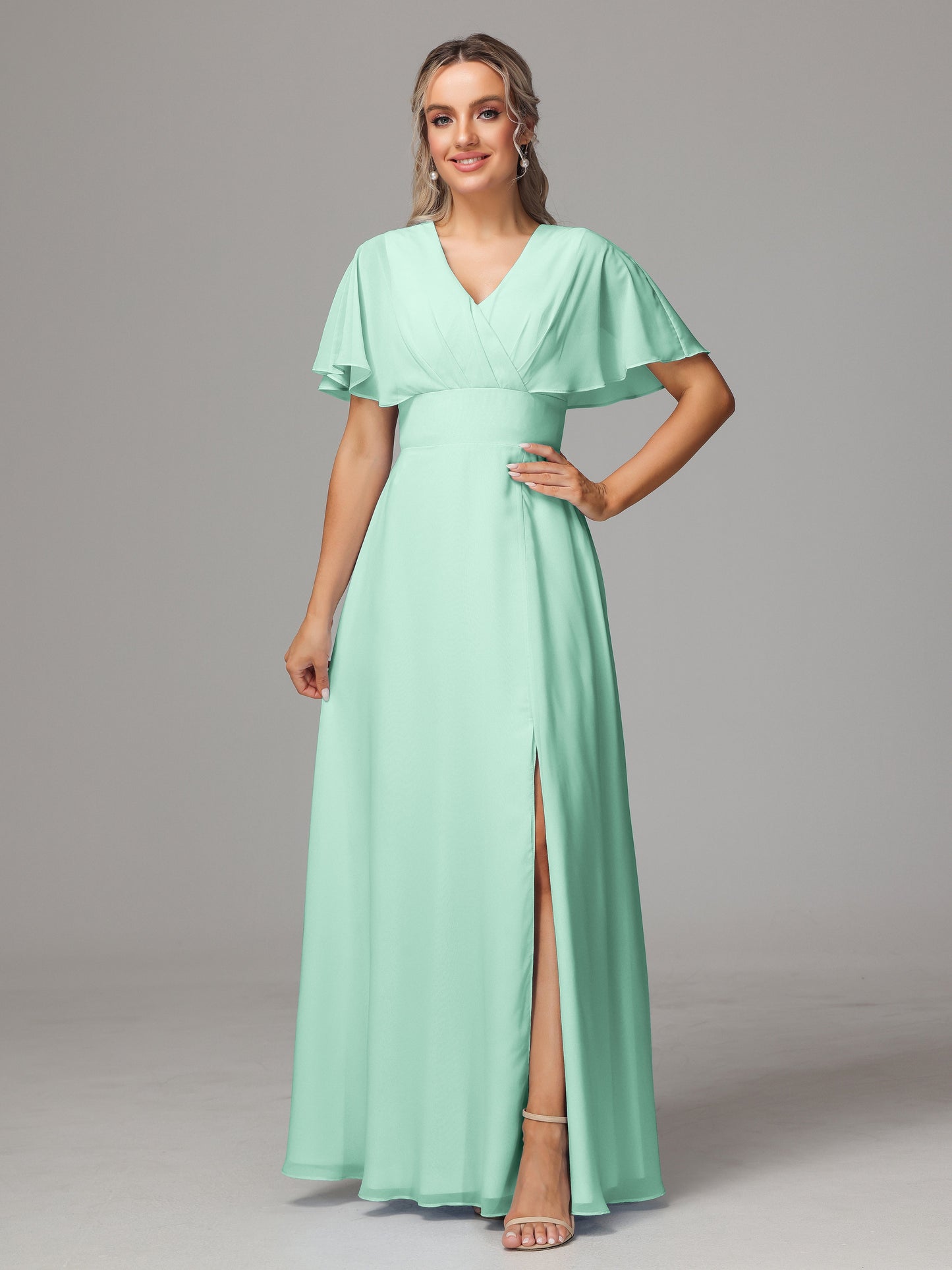 Short Sleeves V Neck Chiffon Bridesmaid Dress With Slit