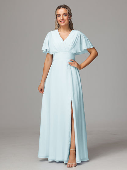 Short Sleeves V Neck Chiffon Bridesmaid Dress With Slit