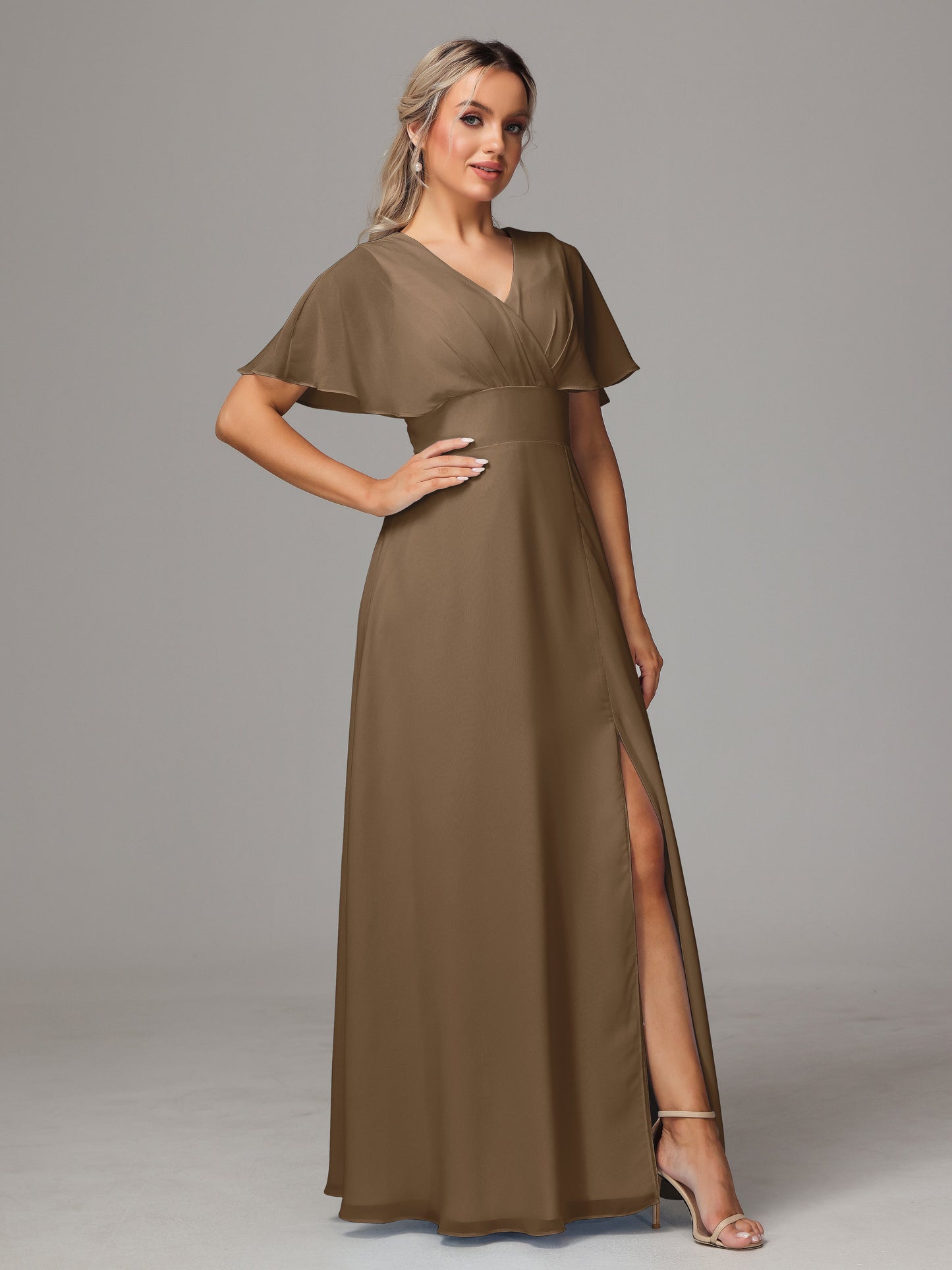 Short Sleeves V Neck Chiffon Bridesmaid Dress With Slit