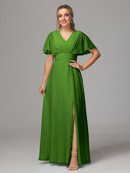 Short Sleeves V Neck Chiffon Bridesmaid Dress With Slit
